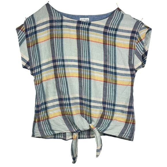 LL Bean Signature 100% Linen short sleeve tie front Top, Medium Plaid - Picture 1 of 9